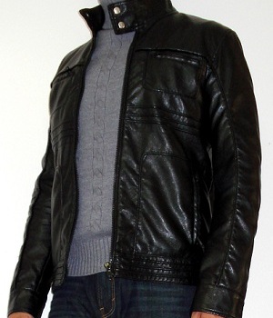 Black Leather Jacket, Gray Turtleneck Sweater
