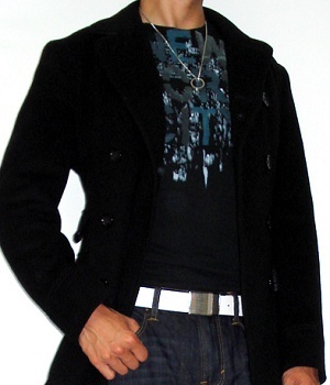 Black Pea Coat, Black Graphic T-Shirt, Dark Blue Jeans