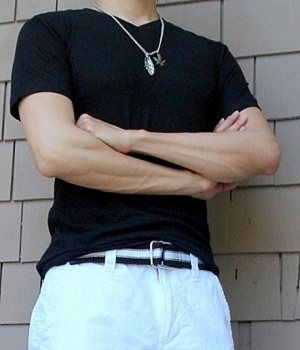 Black T-Shirt Black Webbing Belt White Shorts