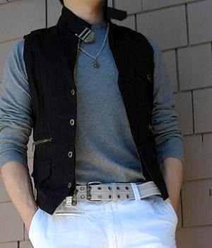 Gray T-shirt Tucked in White Pants