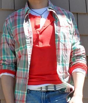Casual Red Green Plaid Shirt Tucked out of Light Blue Jeans