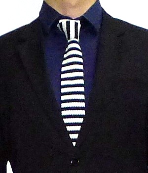 Men's Black White Striped Square End Necktie