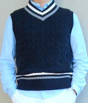 A dark blue sweater vest over a light blue shirt