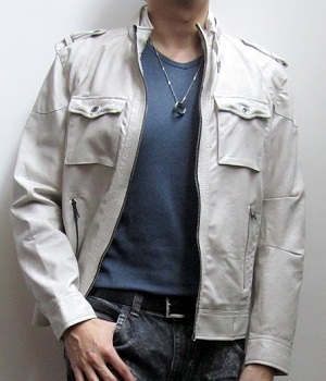 Beige Military Zip Leather Jacket, Blue T-shirt