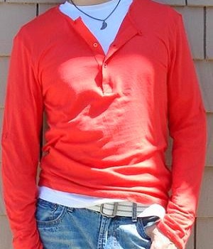 Men's H&M Orange Long Sleeve Button Neck T-Shirt