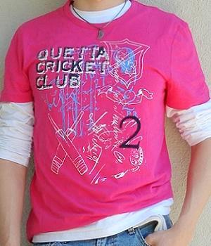 Pink graphic t-shirt, white long sleeve t-shirt, light blue jeans