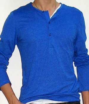 Men's H&M Royal Blue Long Sleeve Button Neck T-Shirt