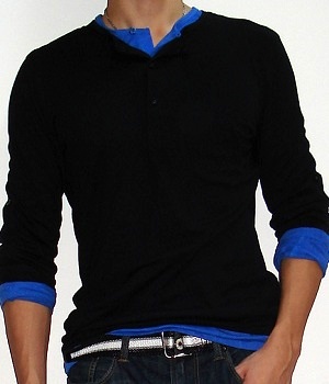 Men's H&M Solid Black Long Sleeve Button Neck T-Shirt