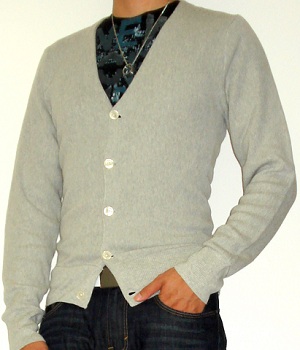 Grey cardigan with black graphic T-shirt