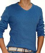 NET Solid Blue Ribbed Long Sleeve V-Neck Sweatshirt