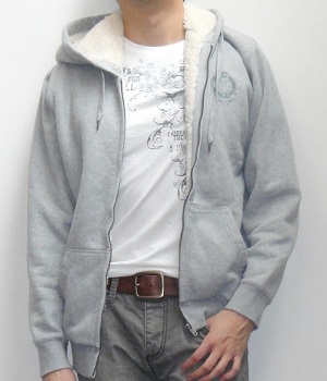 Gray Zip Hoodie Jacket over White Graphic Tee