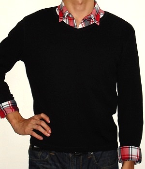 Men's NET Solid Black Ribbed Long Sleeve V-Neck Sweatshirt