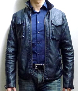 Men's Zara Dark Blue Leather Mock Neck Zip Jacket
