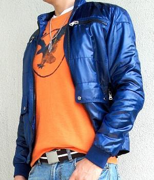 Dark Blue Jacket with Orange Graphic T-shirt