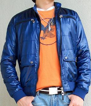 Blue jacket and orange t-shirt