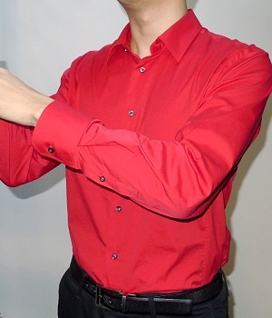 black dress shirt with red collar