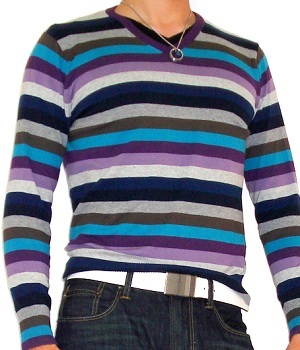 Men's Zara Blue Purple Gray Striped V-Neck Sweater