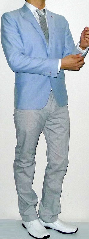 Men's Baby Blue Blazer White Shirt Silver Tie Grey Pants White Dress Shoes