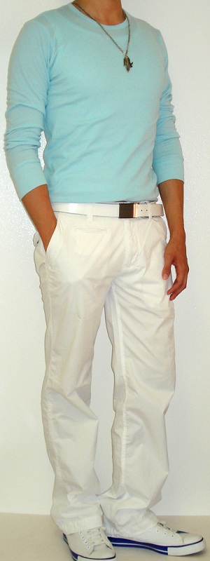 Men's Baby Blue T-Shirt White Tank Vest White Belt White Pants White Shoes