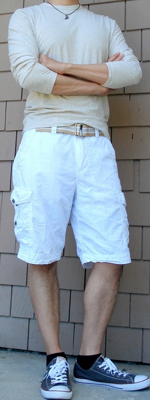 Beige T-Shirt Gold Webbing Belt White Shorts