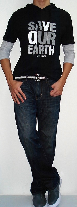 Men's Black 3/4 Sleeve Graphic T-shirt Black White Belt Dark Blue Jeans Gray Sneakers