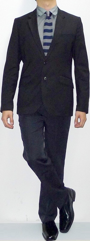 Black Blazer Dark Gray Shirt Blue Gray Striped Tie Black Suit Pants Black Shoes