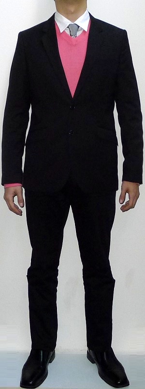 Men's Black Blazer Pink V-neck Sweater Silver Tie White Shirt Black Pants Black Leather Shoes