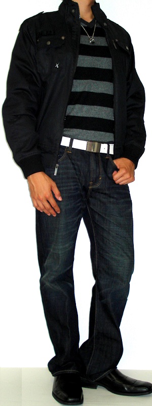 Black Bomber Jacket Black Striped Sweater Black Leather Shoes