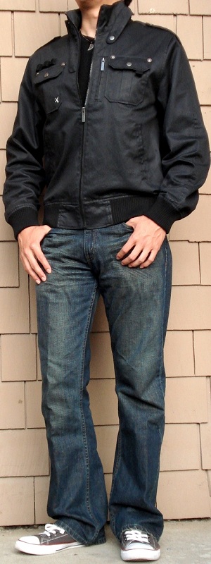 Men's Black Jacket Dark Blue Jeans Gray Shoes