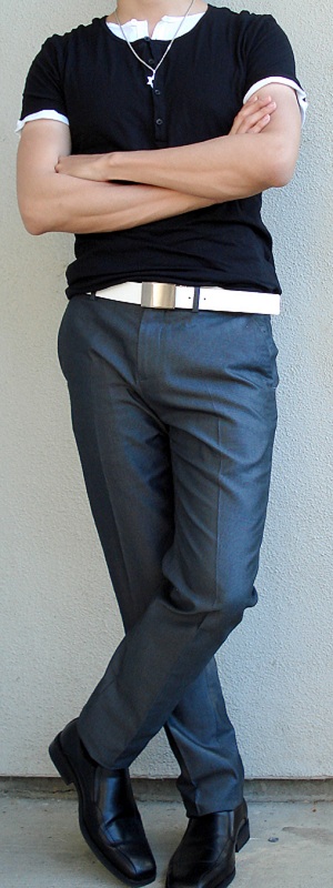 Men's Black Button T-Shirt Black Dress Shoes White Leather Belt Gray Silk Suit Pants