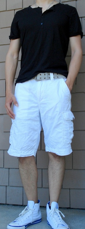 Men's Black Button T-Shirt White Cotton Shorts White Hi Top Canvas Shoes