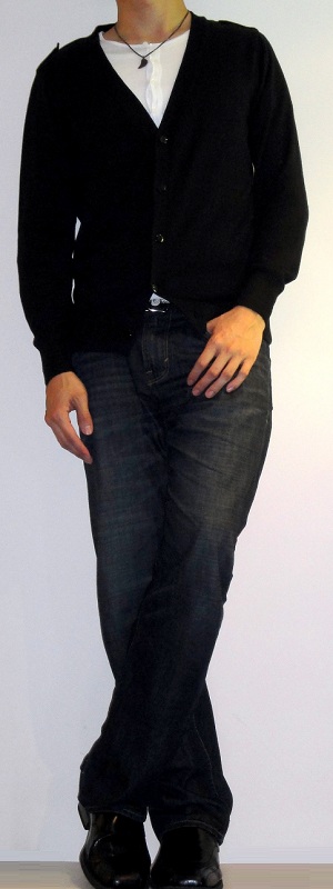 Men's Black Cardigan Sweater White Button T-Shirt Dark Blue Jeans Black Leather Loafers