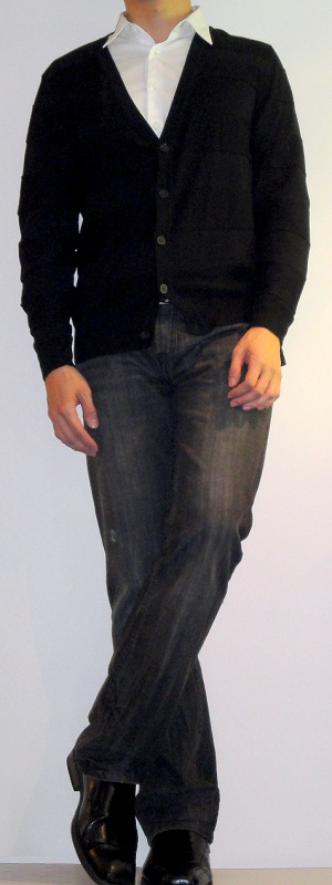 Men's Black Cardigan Sweater White Dress Shirt Black Jeans Black Leather Loafers