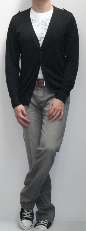 Men's Black Cardigan Sweater White Graphic Tee Brown Leather Belt Gray Bootcut Jeans Black Canvas Shoes