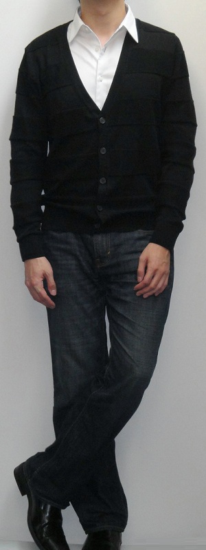 Men's Black Cardigan Sweater White Shirt Dark Blue Bootcut Jeans Black Leather Dress Shoes