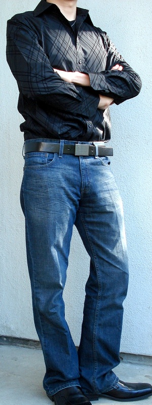 Men's Black Casual Shirt Black T-Shirt Black Leather Belt Black Dress Shoes Blue Jeans