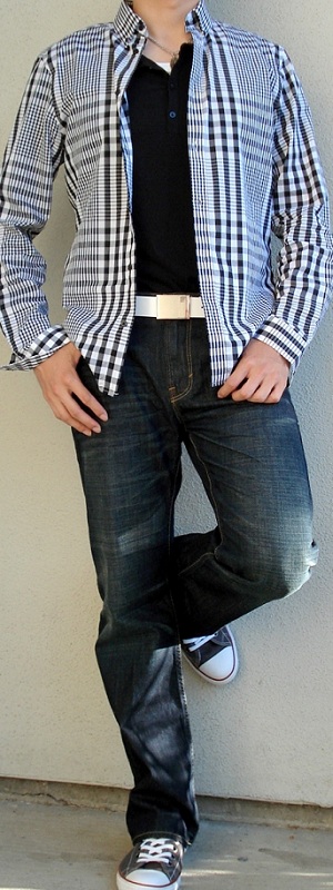 Men's Black Checkered Shirt White Leather Belt Dark Blue Jeans Gray Shoes