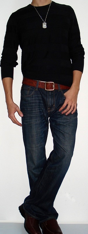 Men's Black Crew Neck Sweater Brown Belt Dark Blue Jeans Brown Shoes