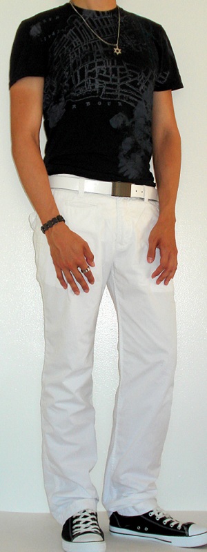 Men's Black Graphic Tee Black Converse Shoe White Leather Belt White Cotton Pants