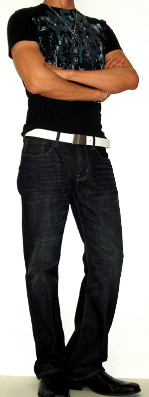 Men's Black Graphic Tee Black Leather Shoes White Leather Belt Dark Blue Jeans