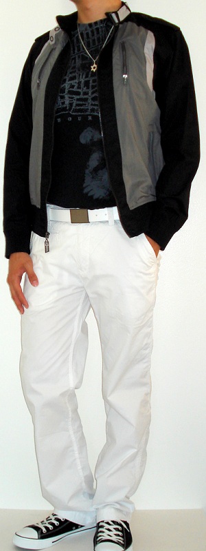Men's Black Gray Zip Jacket Black Graphic T-Shirt Black Shoes White Belt White Pants