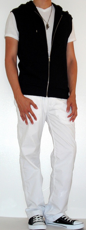 Men's Black Hooded Vest Black Shoes White V-Neck T-Shirt White Pants
