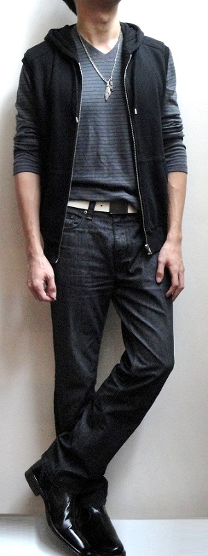 Men's Black Hooded Vest Grey Striped V-Neck T-Shirt White Belt Black Jeans Black Leather Shoes