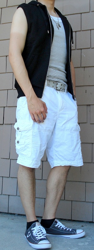 Men's Black Hoodie Vest Gray Belt White Shorts Gray Shoes