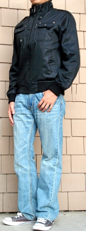 Men's Black Jacket Light Blue Jeans Gray Shoes