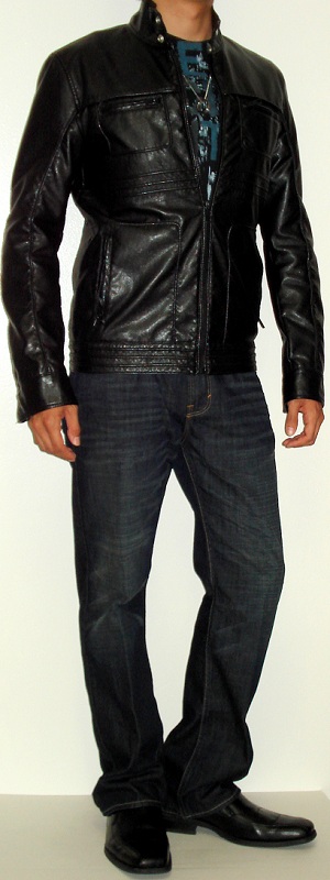 Men's Black Leather Jacket Black Graphic Tee Black Dress Shoes