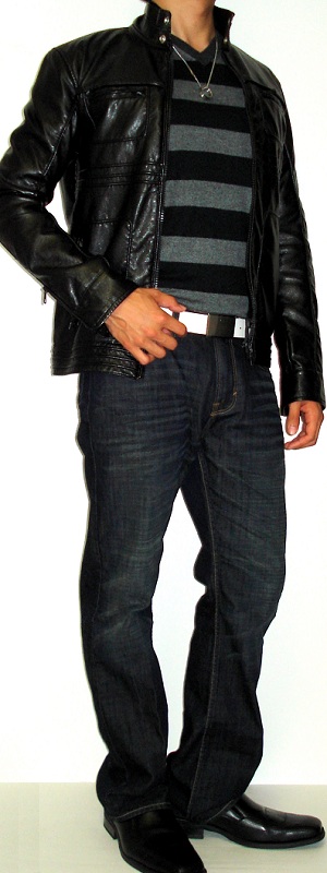 Men's Black Leather Jacket Black Striped Sweater Black Leather Shoes