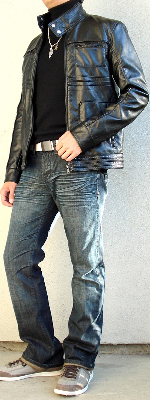 Men's Black Leather Jacket Black Turtleneck White Belt Gray Shoes