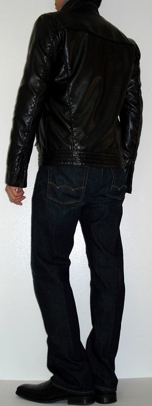 Men's Black Leather Jacket Gray Turtleneck Sweater Black Dress Shoes