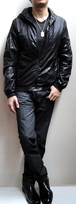 Men's Black Nylon Hooded Jacket Black Striped V-neck T-shirt Black Jeans Black Leather Shoes